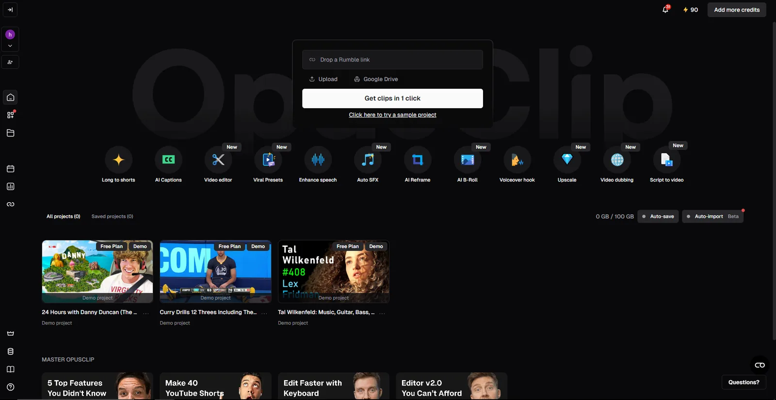 Opus Clip's clip generation dashboard for uploaded videos and YouTube links