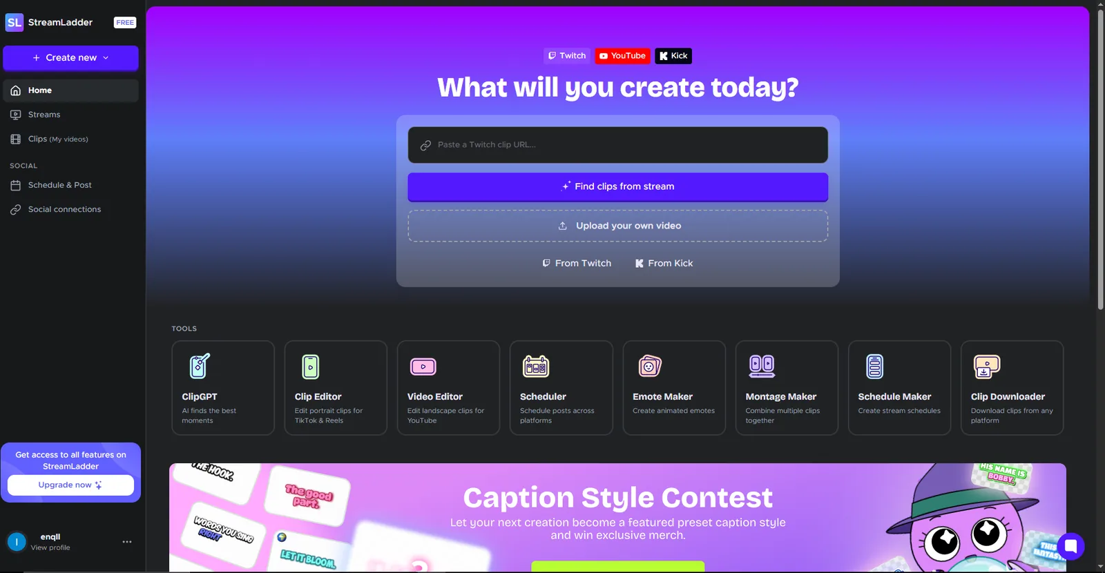 StreamLadder's free clip editor with templates and subtitle styles