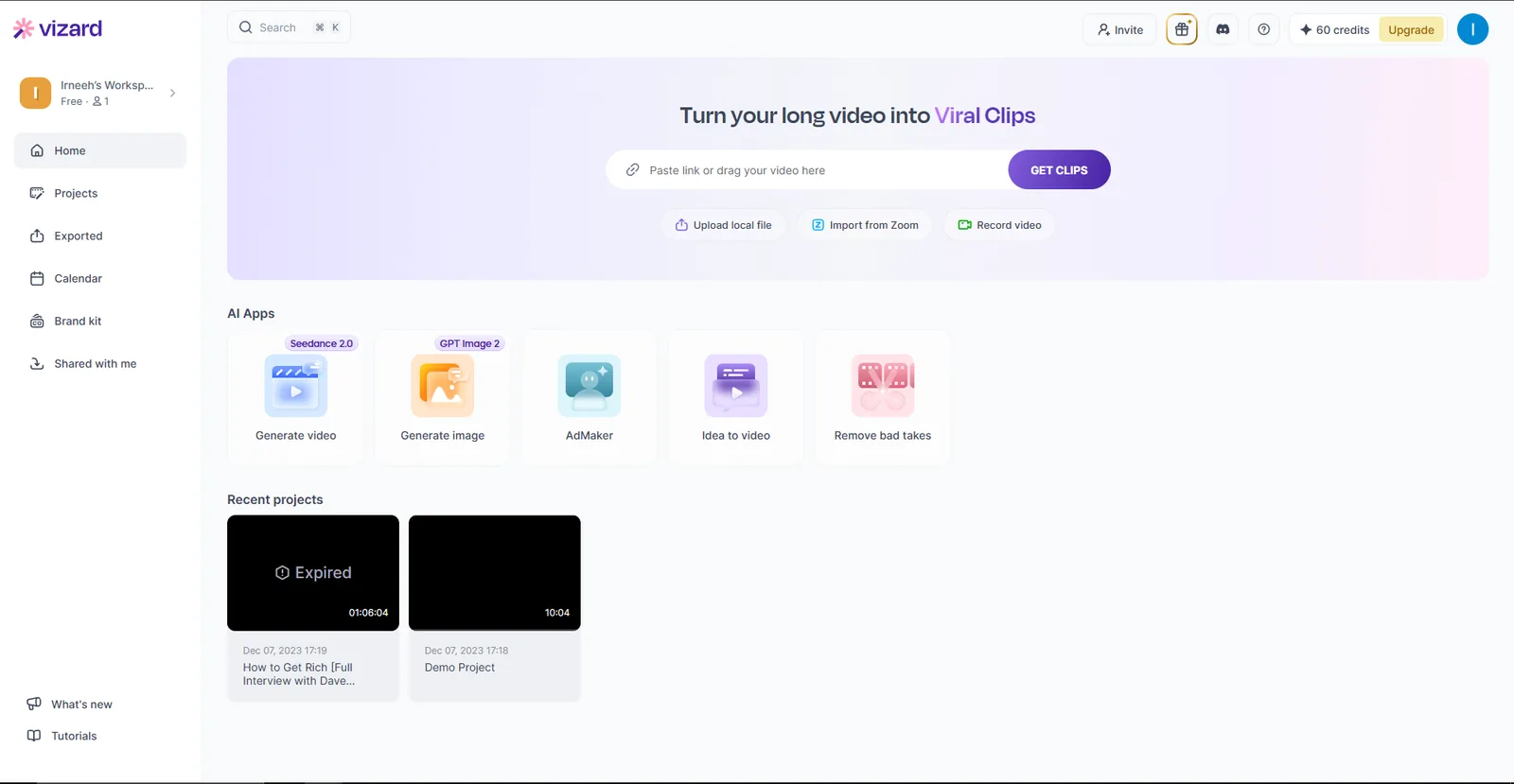 Vizard AI's clip generator interface for uploaded videos and Twitch VOD links