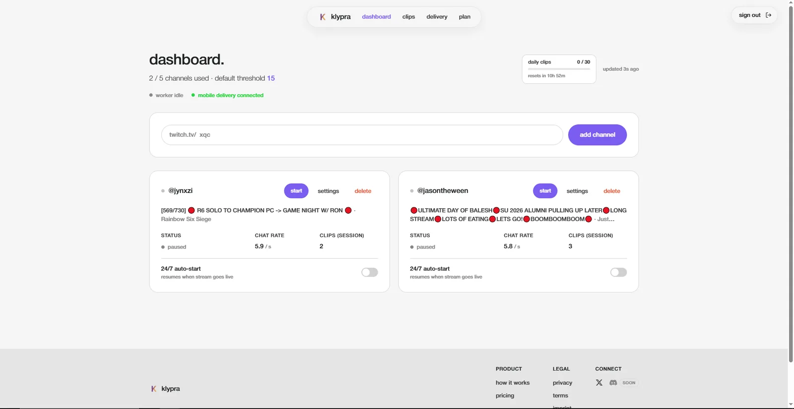 klypra dashboard showing live Twitch monitoring, auto-detected highlights, and clips delivered to Telegram