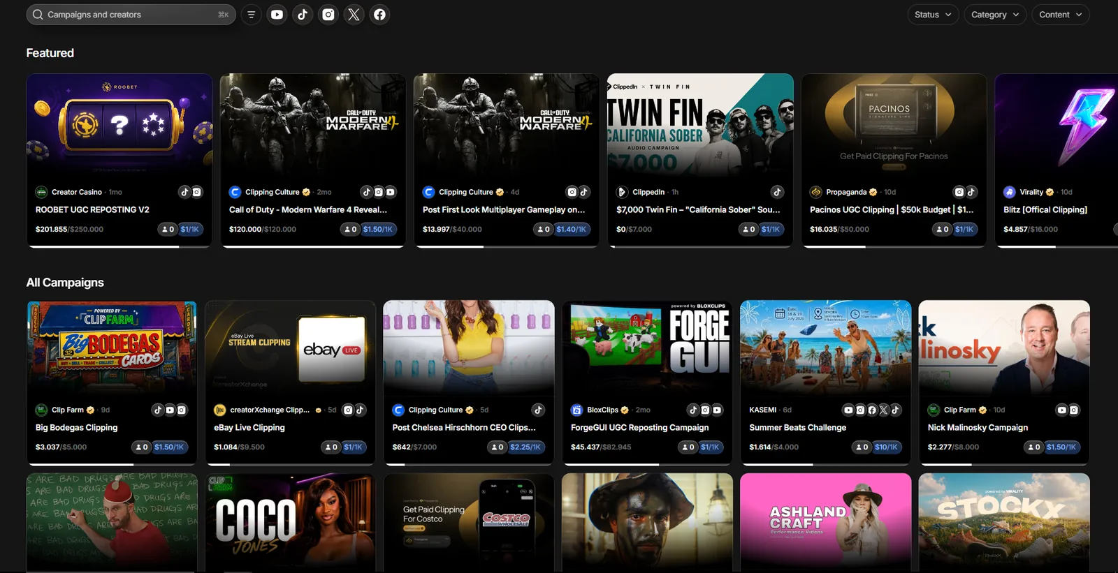 Twitch and TikTok clipping campaigns listed on contentrewards.com